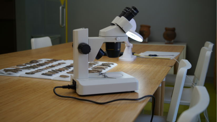Microscope sur une table en bois dans l'exposition permanente Laboratoire
